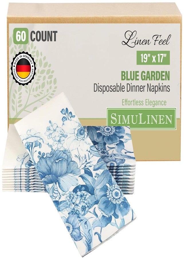 SimuLinen Blue Floral Decorative Dinner Napkins, Disposable Cloth-Like Paper Napkins, Linen Feel, Premium Airlaid Material, Highly Absorbent, Pack of 60 - Image 1
